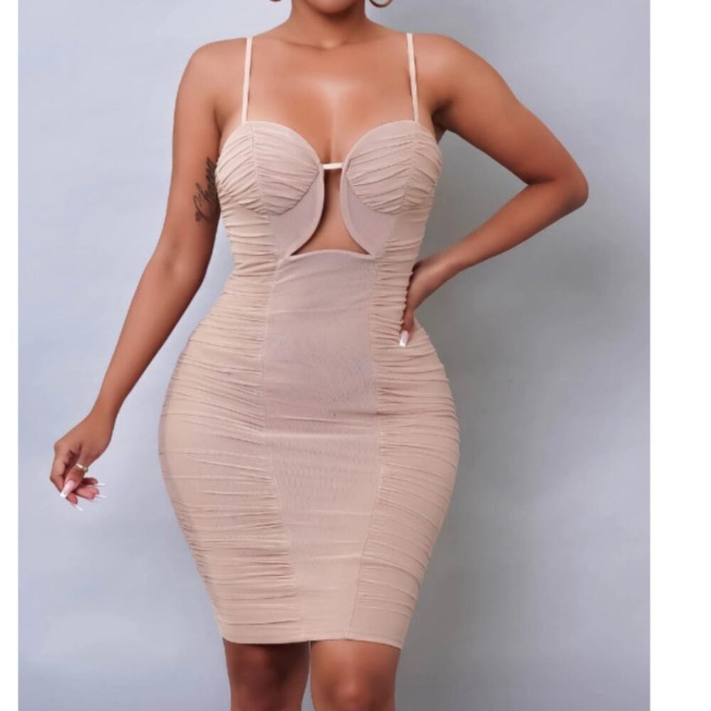 Medium Kaylee Kollection beige ruched dress